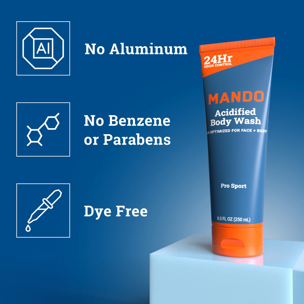 Mando label closeup emphasizes mandelic acid formula and balanced pH.