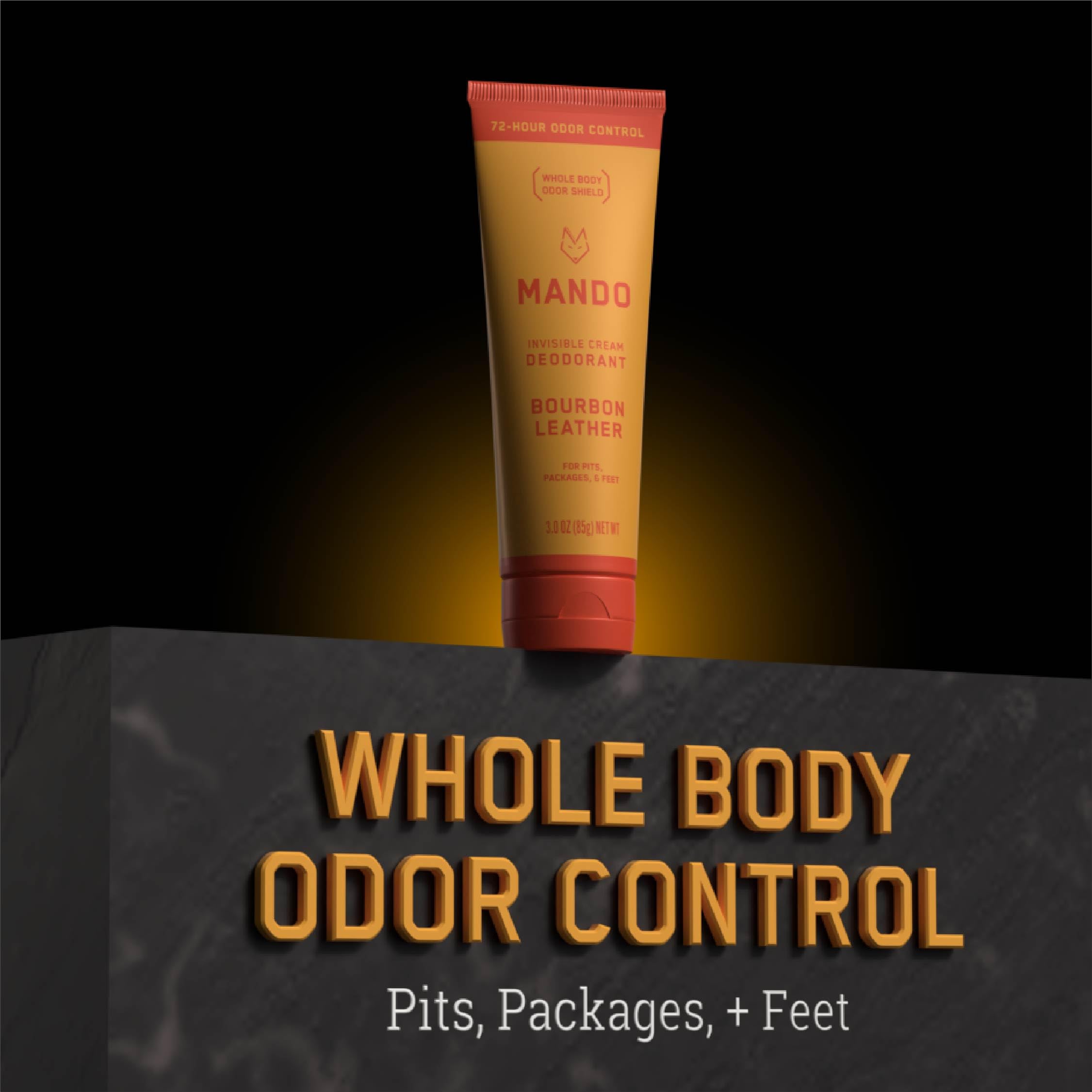 Mando Bourbon Leather Deodorant packaging scene emphasizes two format options