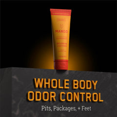 Mando Bourbon Leather Deodorant packaging scene emphasizes two format options