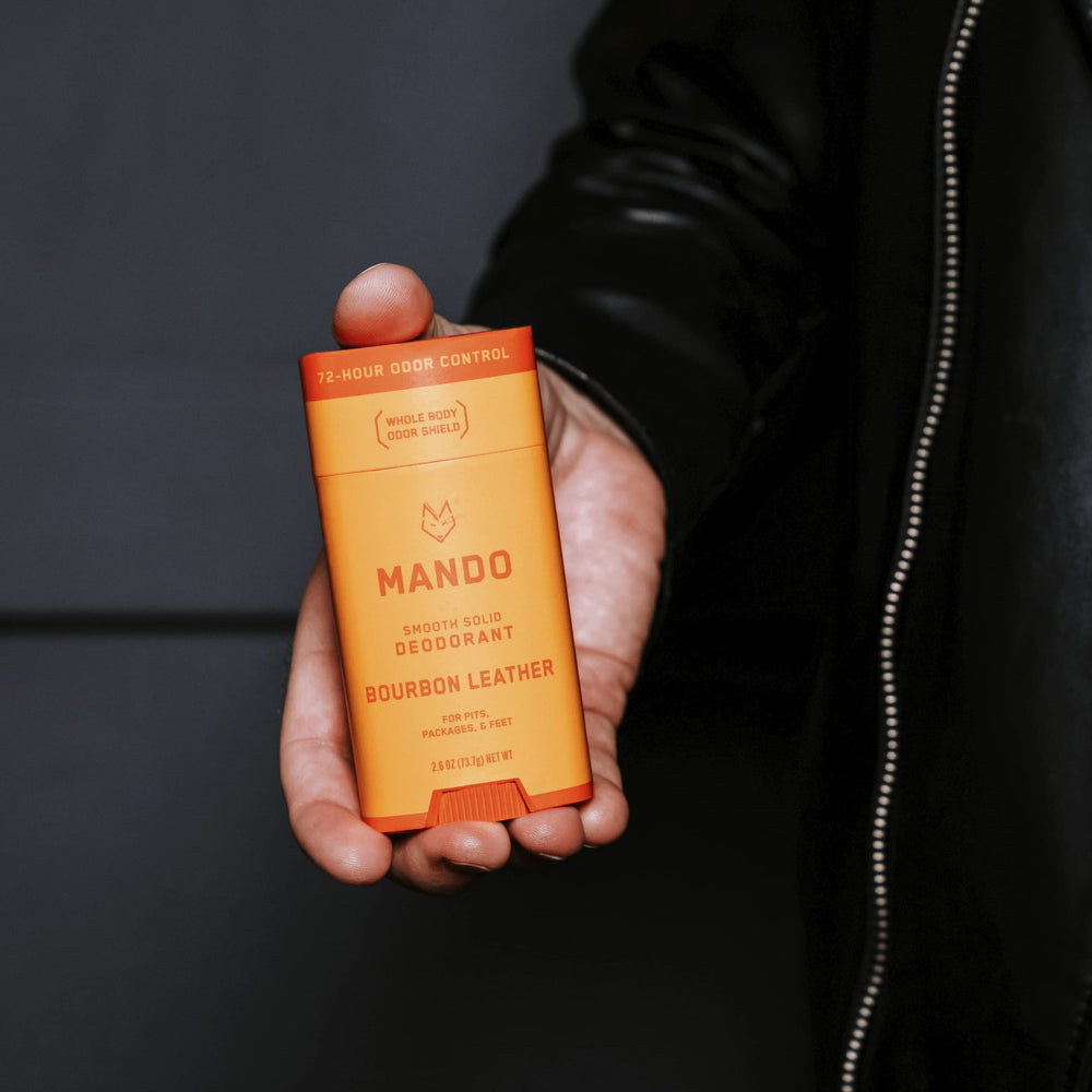 Mando Bourbon Leather Deodorant stick application demonstrating mess-free use