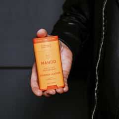 Mando Bourbon Leather Deodorant stick application demonstrating mess-free use