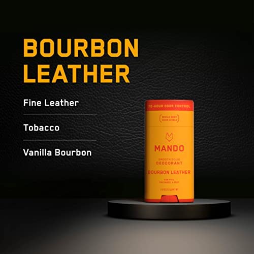 Mando Bourbon Leather Deodorant tube close-up highlighting pH balanced preodorant tech