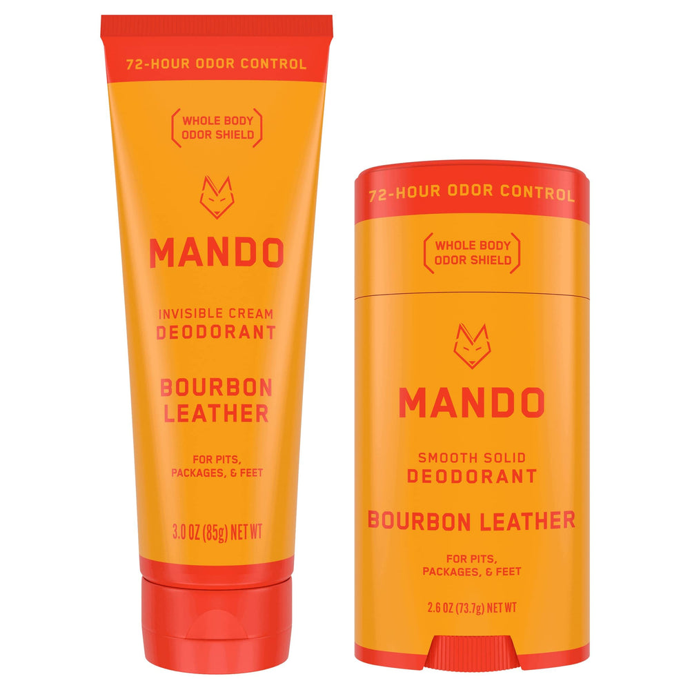 Mando Bourbon Leather Deodorant tube front view offering all day odor control