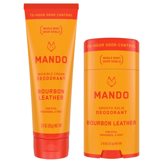 Mando Bourbon Leather Deodorant tube front view offering all day odor control