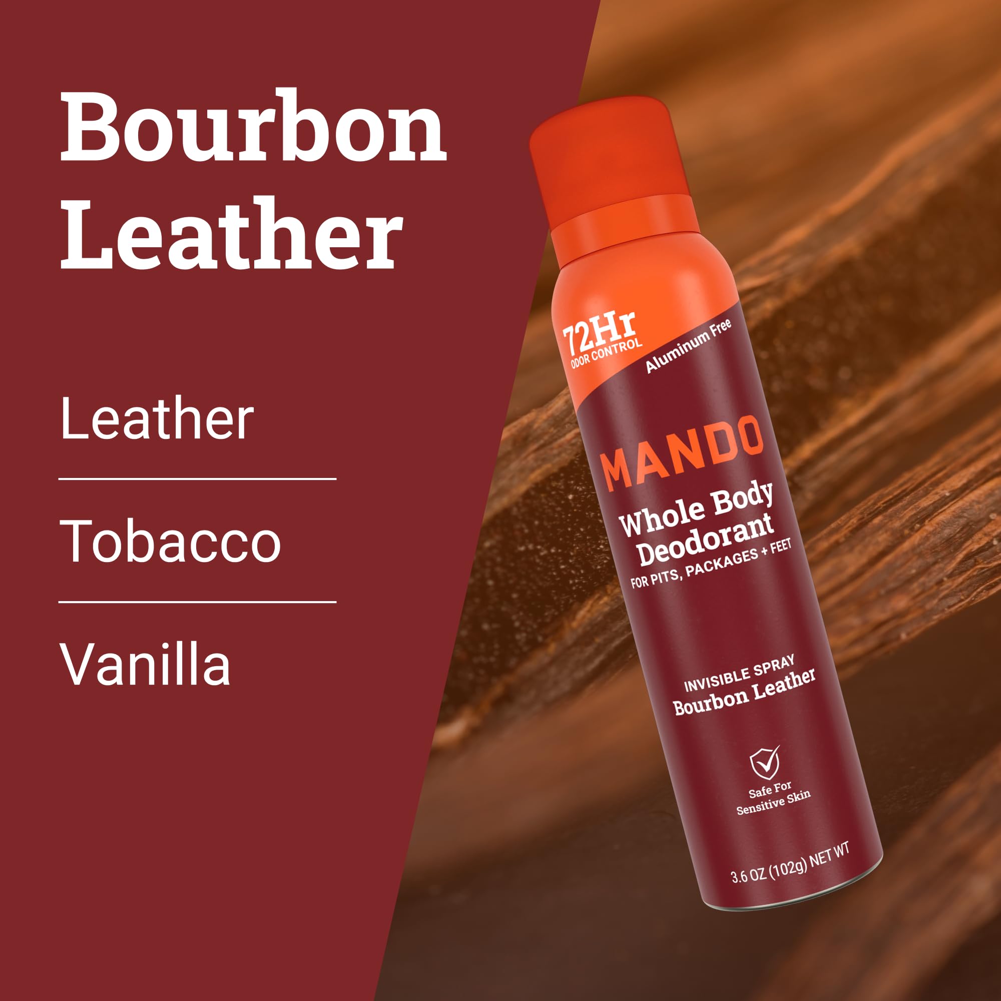 Mando Bourbon Leather spray provides targeted odor control on skin.