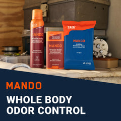 Mando Bourbon Leather spray deodorant bottle for quick refresh.