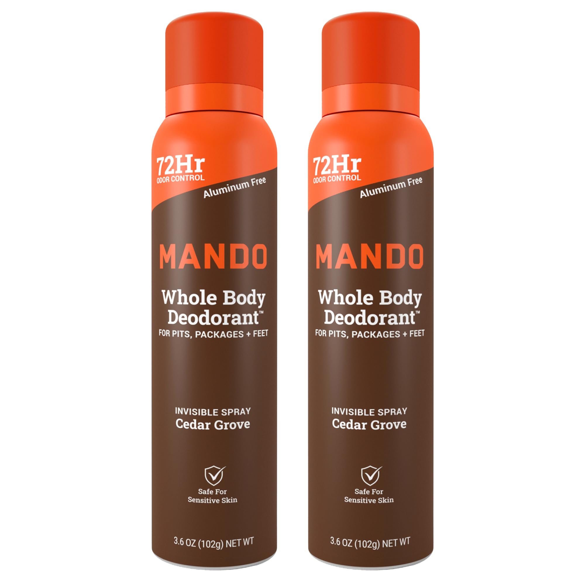 Mando Cedar Grove deodorant spray bottle close-up for all-day freshness.