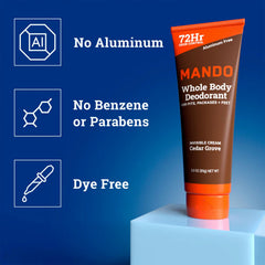 Texture close-up shows creamy, aluminum-free deodorant consistency.