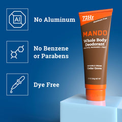 Mando Cedar Grove label close-up highlights scent profile and product safety.