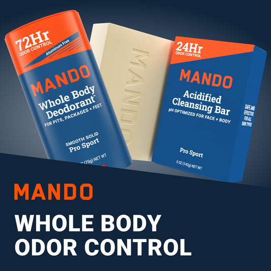 Mando deodorant stick application close-up highlights smooth, aluminum-free formula for sensitive skin.