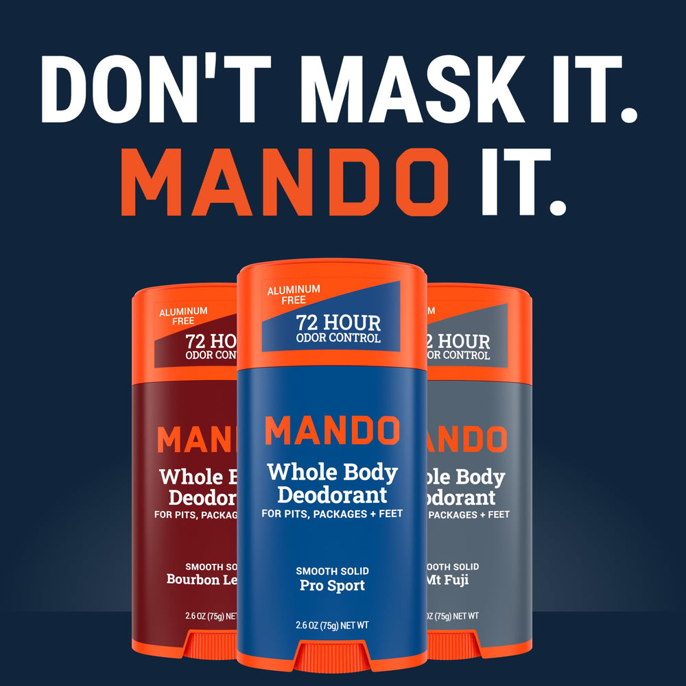 Mando men's care routine scene with deodorant on shelf.