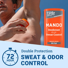 Mando Mt Fuji stick label highlights tubeless design and 72-hour protection claim.