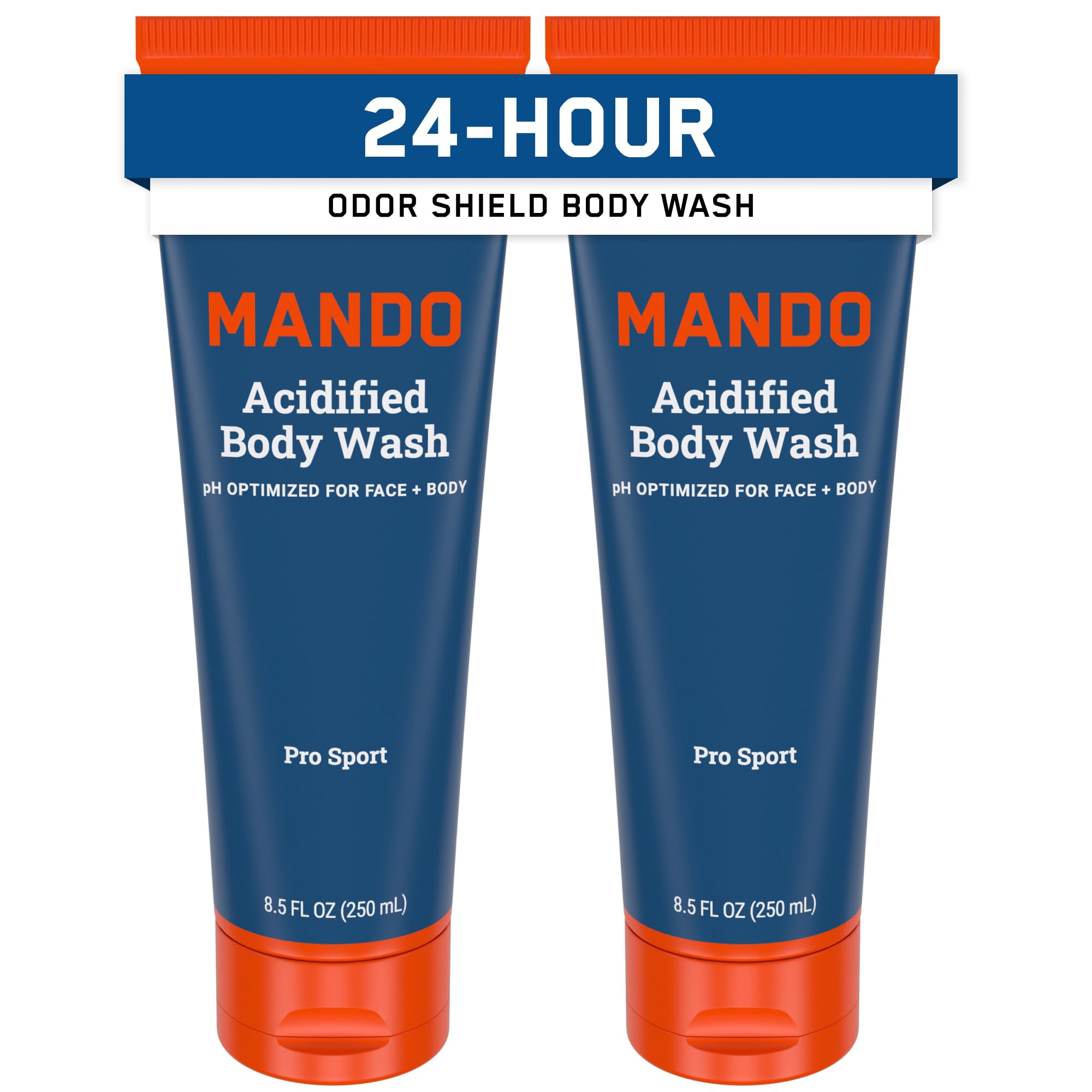 Mando Odor Shield Body Wash bottle front with 24-hour odor control.