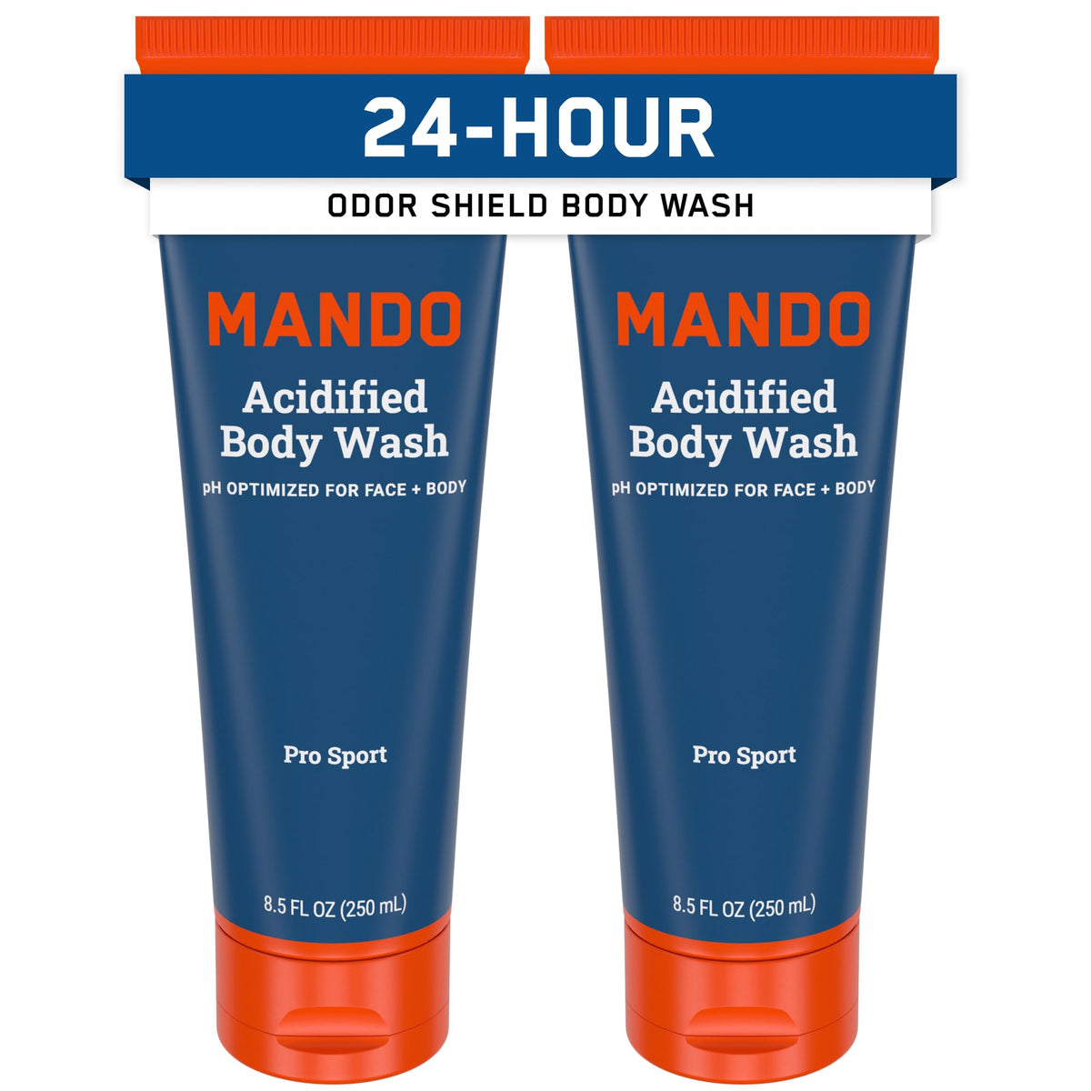 Mando Odor Shield Body Wash bottle front with 24-hour odor control.