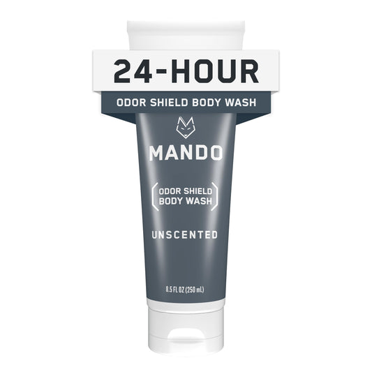 Mando Odor Shield Body Wash bottle, unscented for long-lasting odor control.