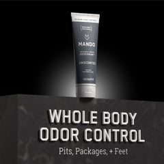 Mando on-the-go scene with travel-friendly 3oz tube for portable odor control.
