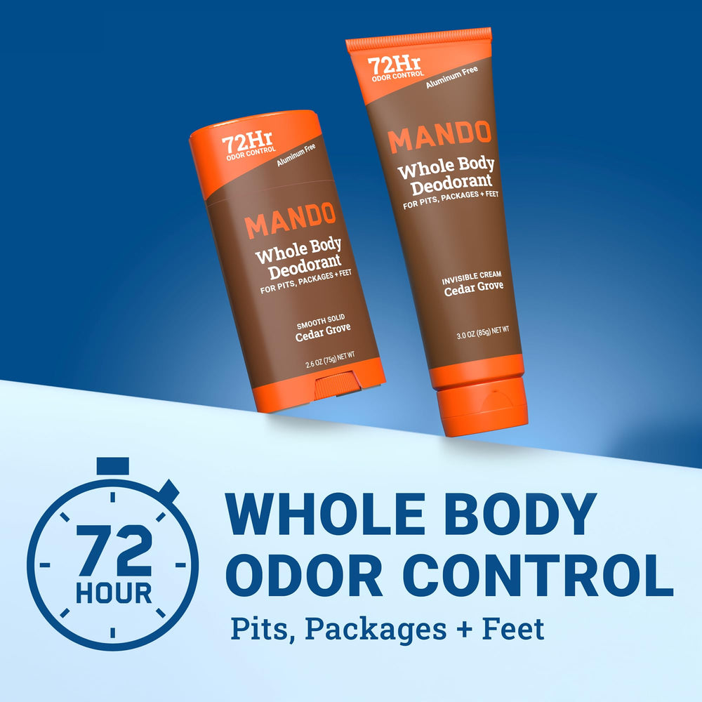 Mando solid-stick Cedar Grove packaging highlights convenient, aluminum-free odor protection.