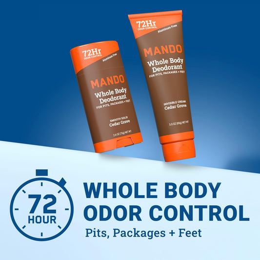 Mando solid-stick Cedar Grove packaging highlights convenient, aluminum-free odor protection.