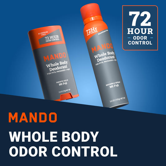 Mando spray-deodorant application shows easy coverage for hard-to-reach areas.