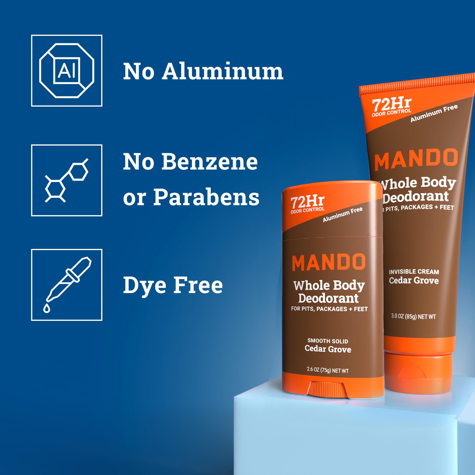Mando tube Cedar Grove close-up label highlights skin-safe, gentle odor protection.