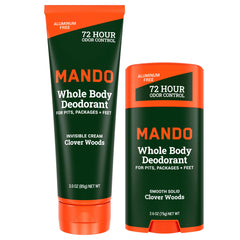 Mando invisible cream tube showing all-day odor control with invisible finish