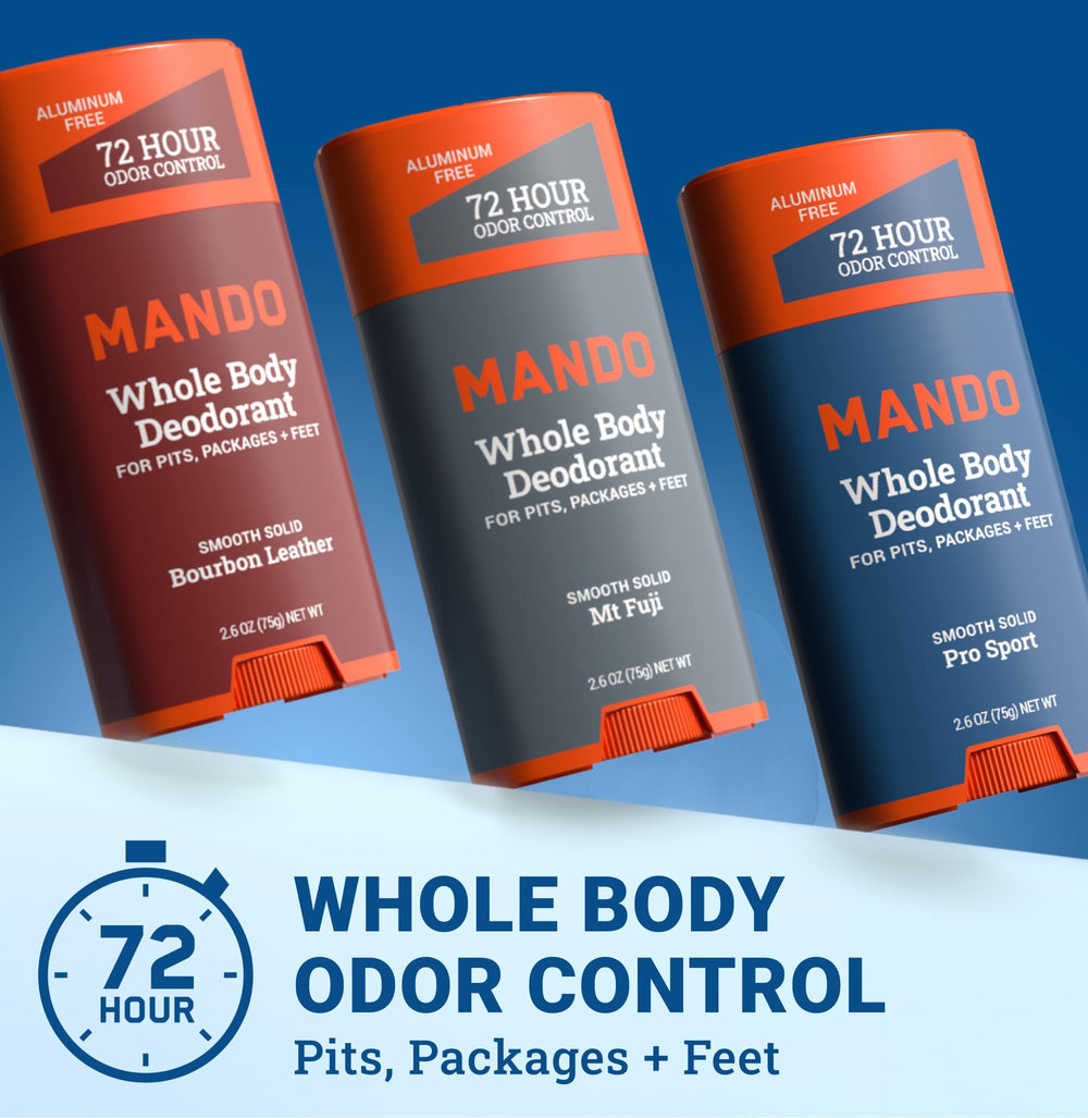 Mando whole body deodorant stick cap-off side view for easy application and coverage.