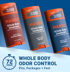 Mando whole body deodorant stick cap-off side view for easy application and coverage.
