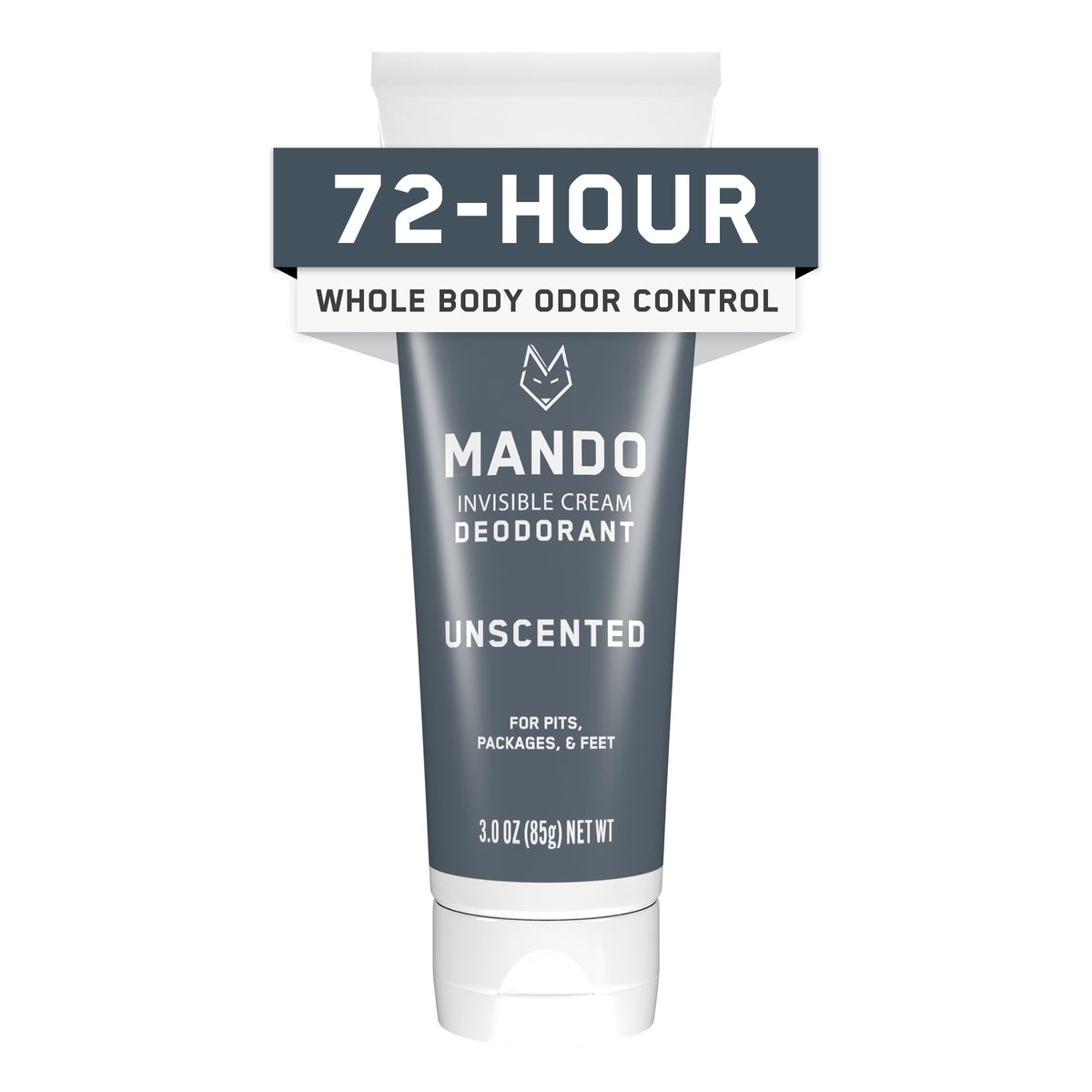 Mando whole-body deodorant unscented tube ready for all-day odor control.