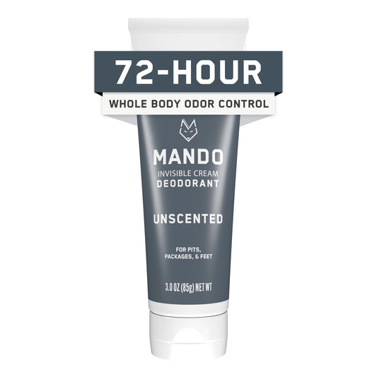 Mando whole-body deodorant unscented tube ready for all-day odor control.
