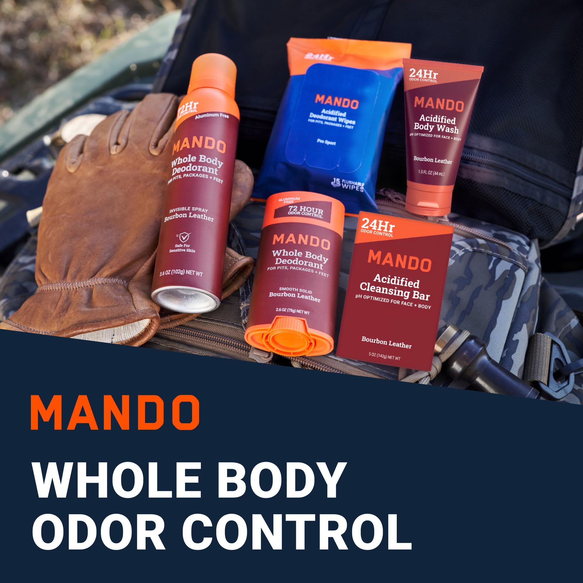 Mando deodorant spray bottle with Bourbon Leather aroma for on-the-go odor control