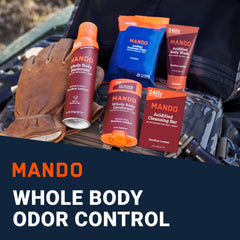 Mando deodorant spray bottle with Bourbon Leather aroma for on-the-go odor control