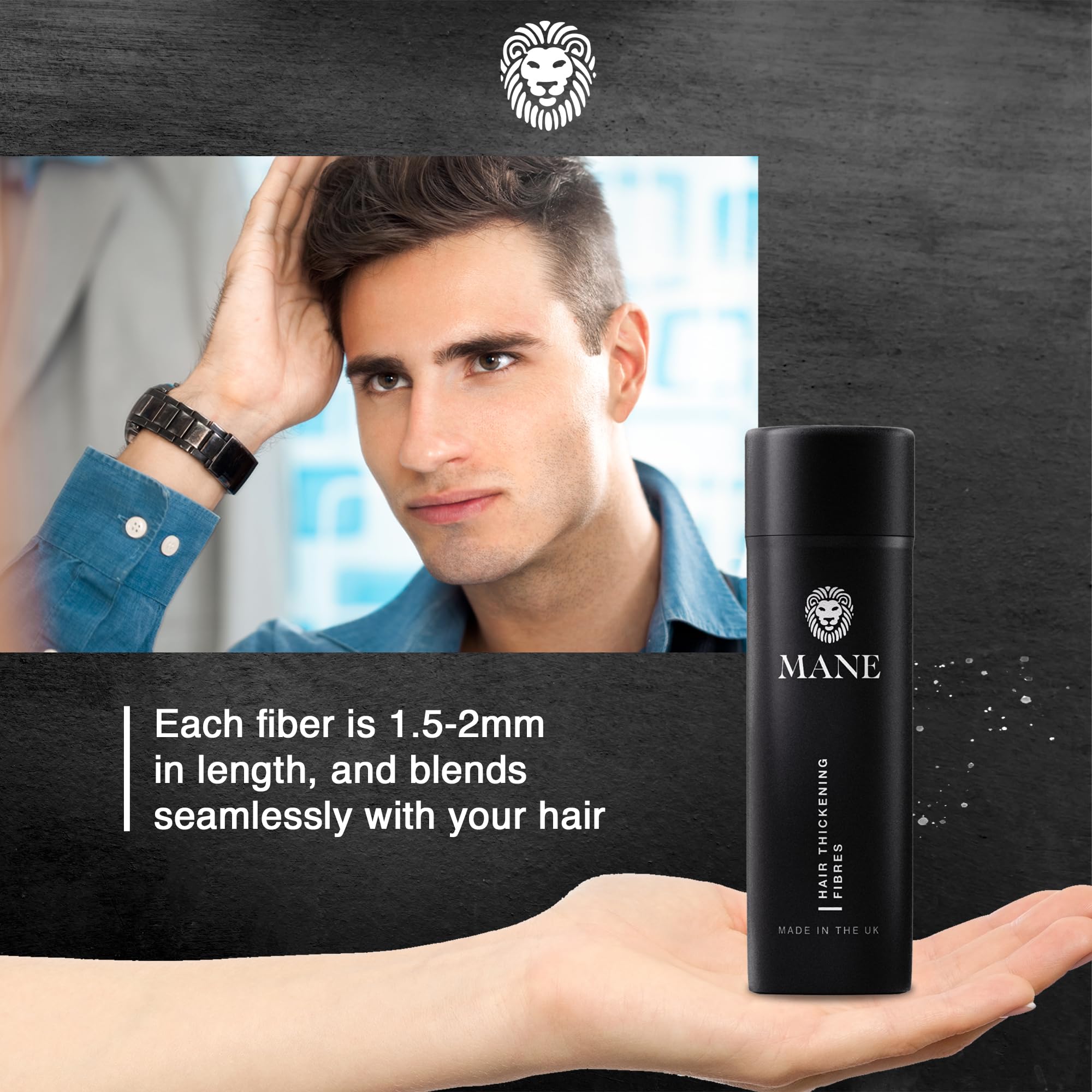 MANE Jet Black fibers applied at the hairline for fullness.