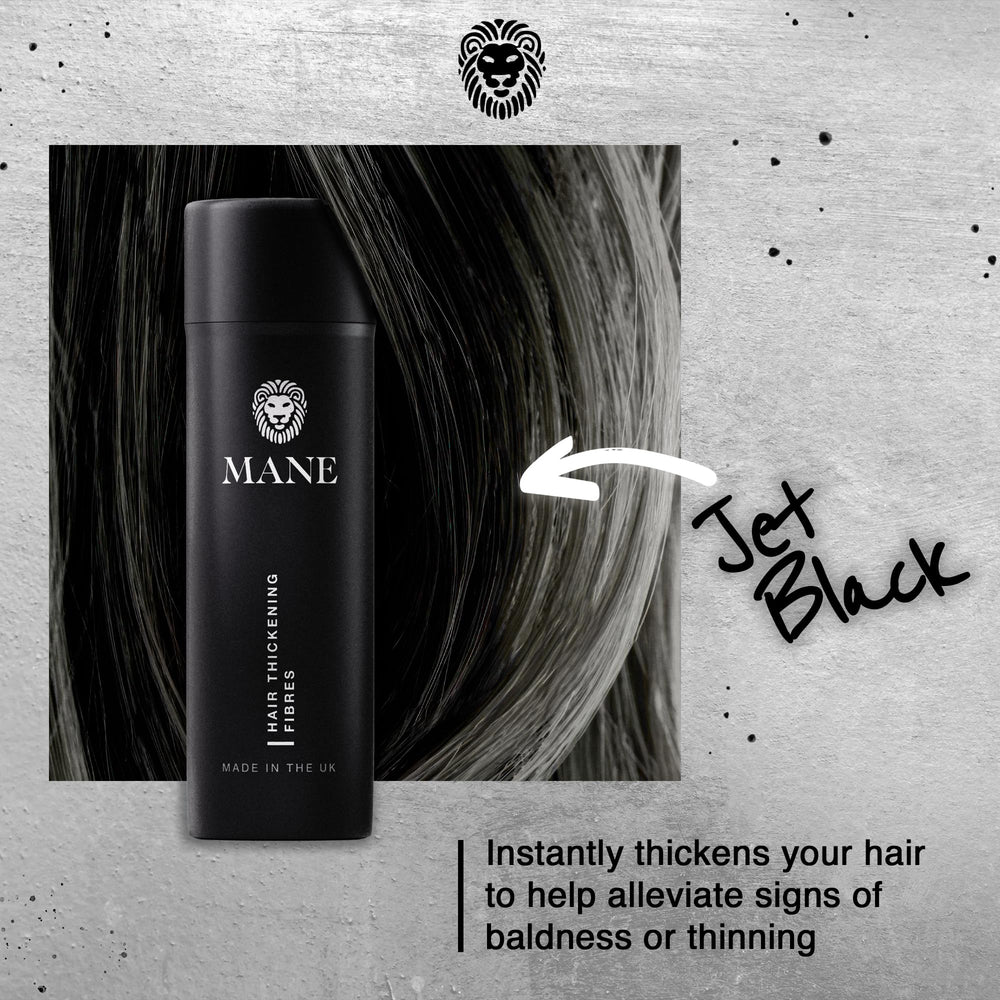 MANE Jet Black fibers cover thinning temples with a natural look.