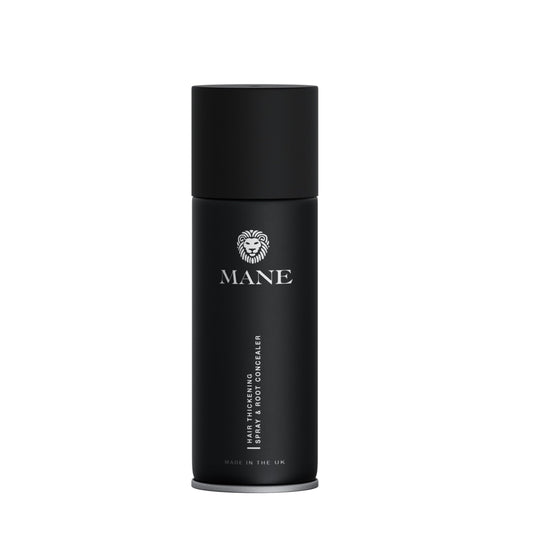 MANE Hair Thickening Fiber Spray 100ml in dark brown bottle for fuller-looking hair.