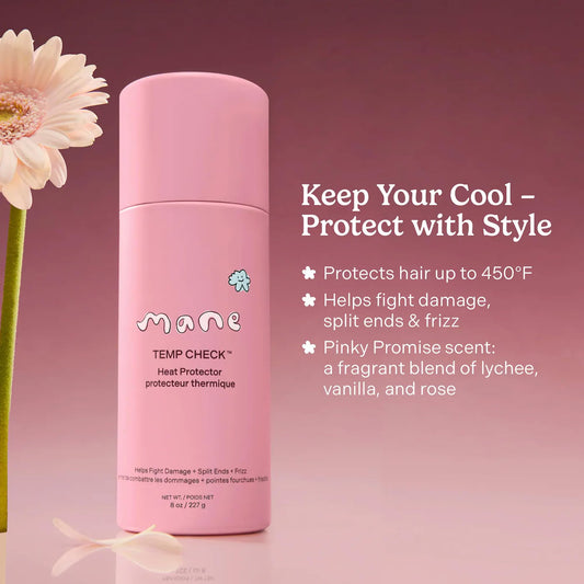 Mane Temp Check mist on damp hair before heat styling for frizz-free results.