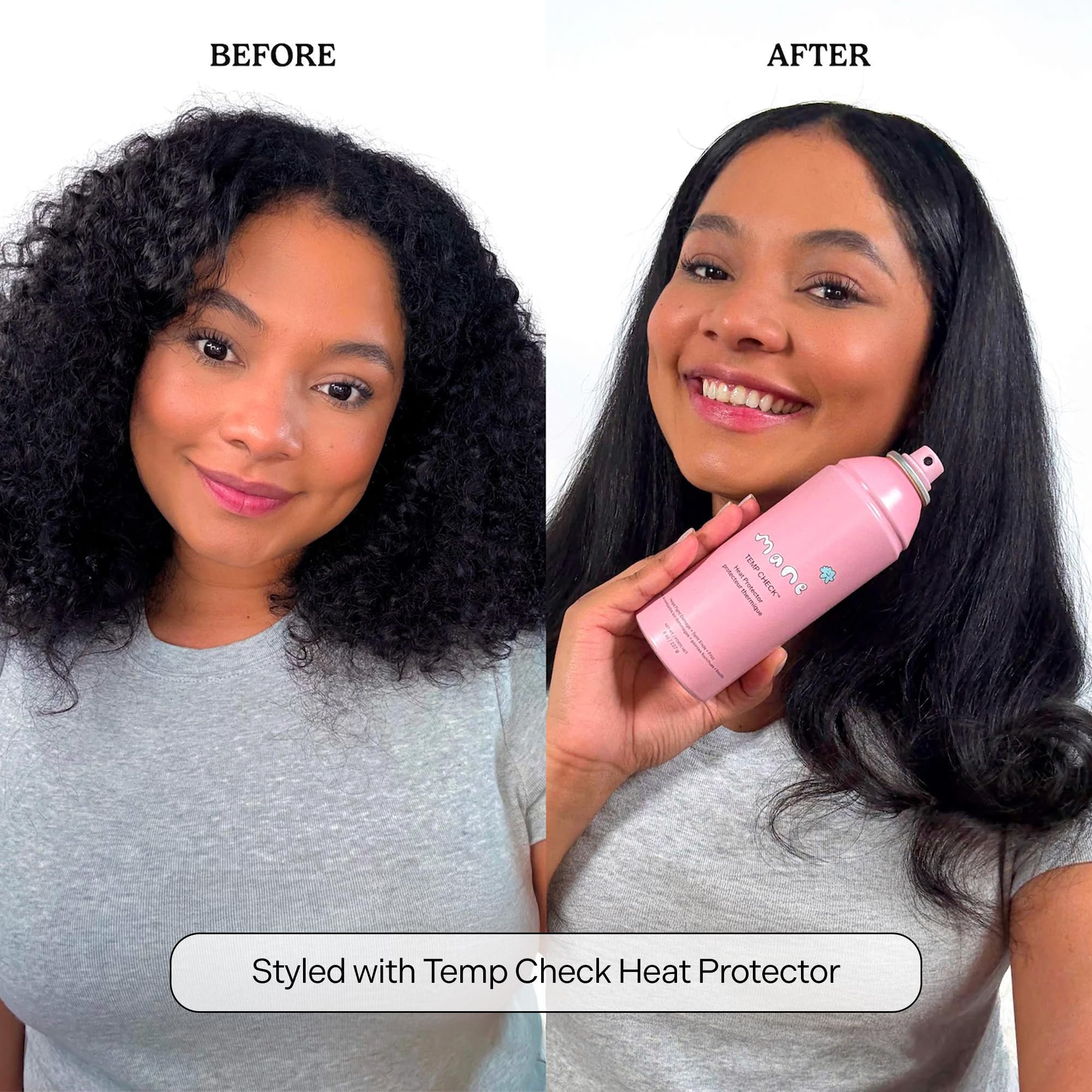 Mane Temp Check bottle used on dry hair before hot tools for frizz control.