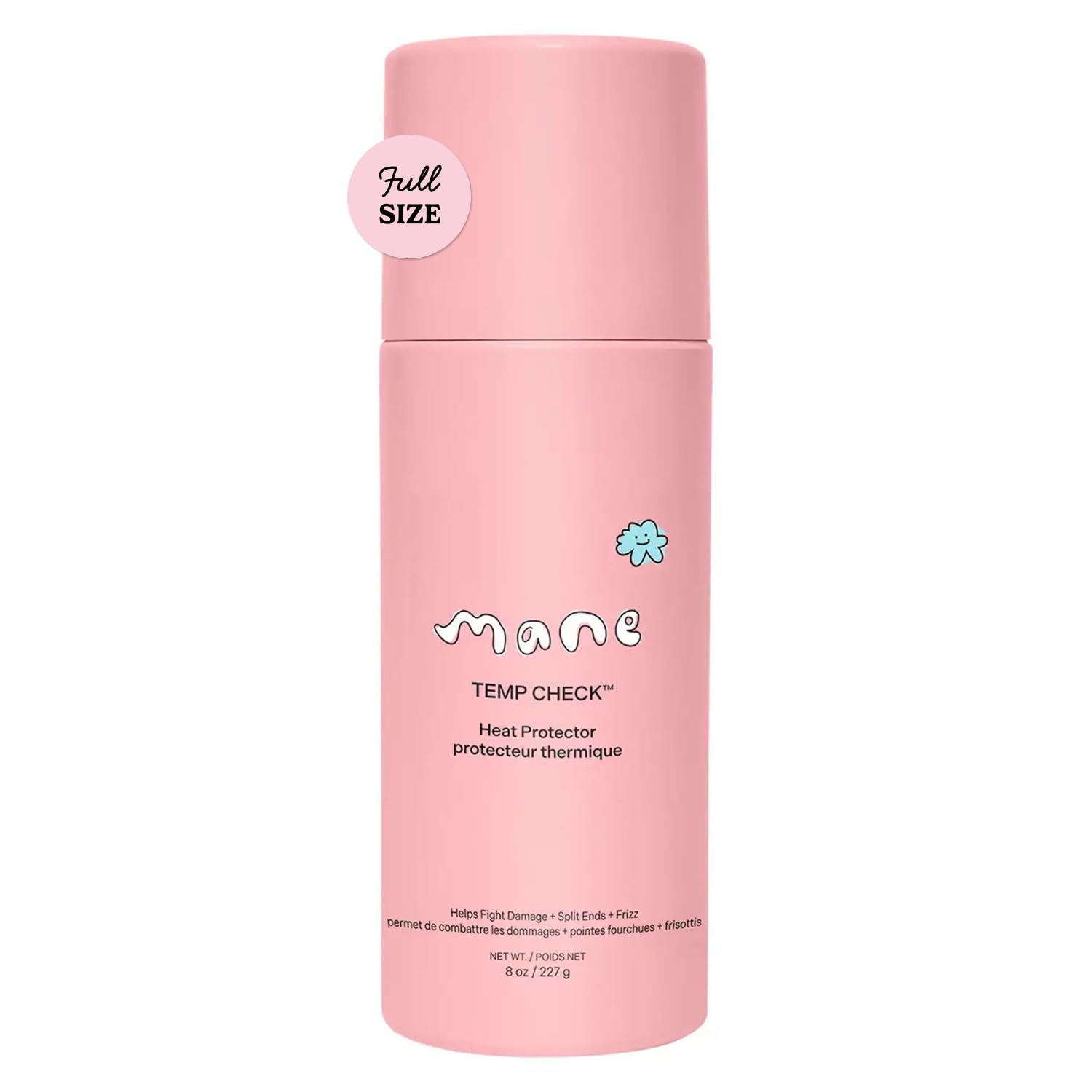 Mane Temp Check heat protection spray bottle front view for all hair types.