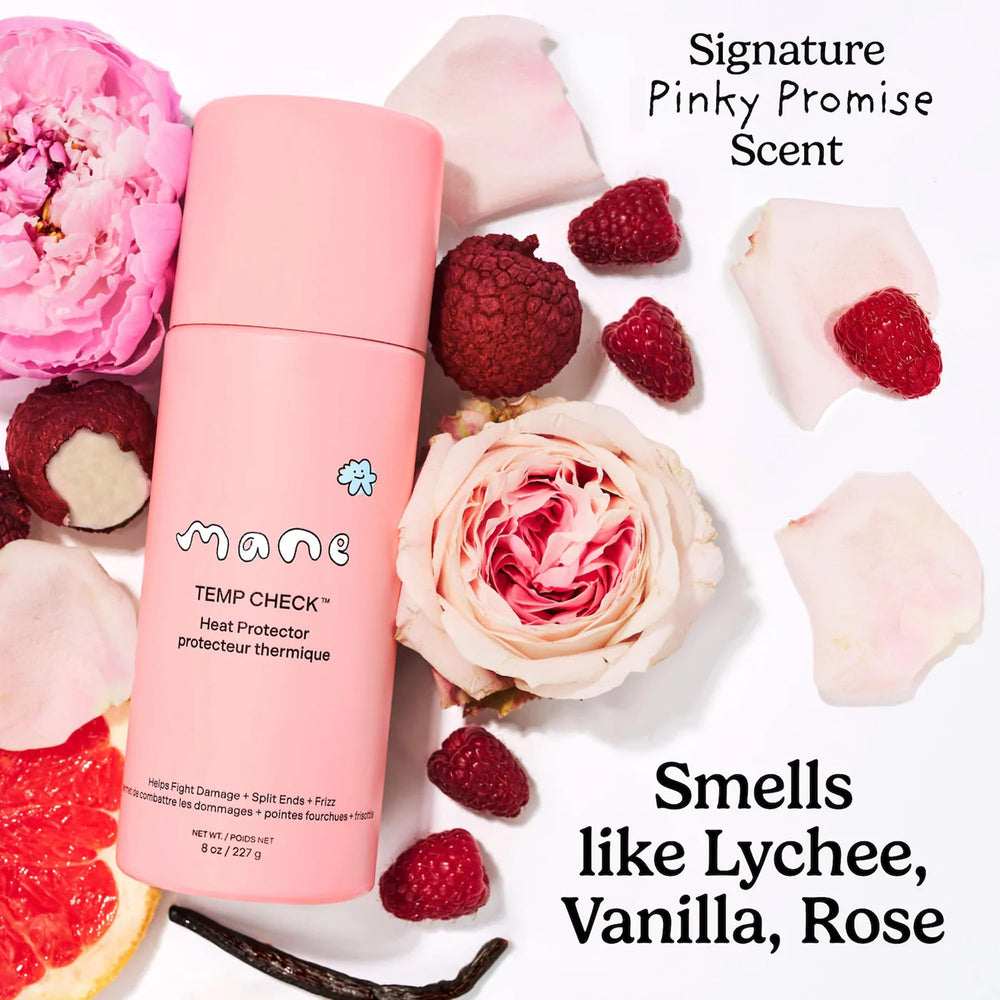 Close-up of Pinky Promise scent notes on Mane Temp Check packaging.