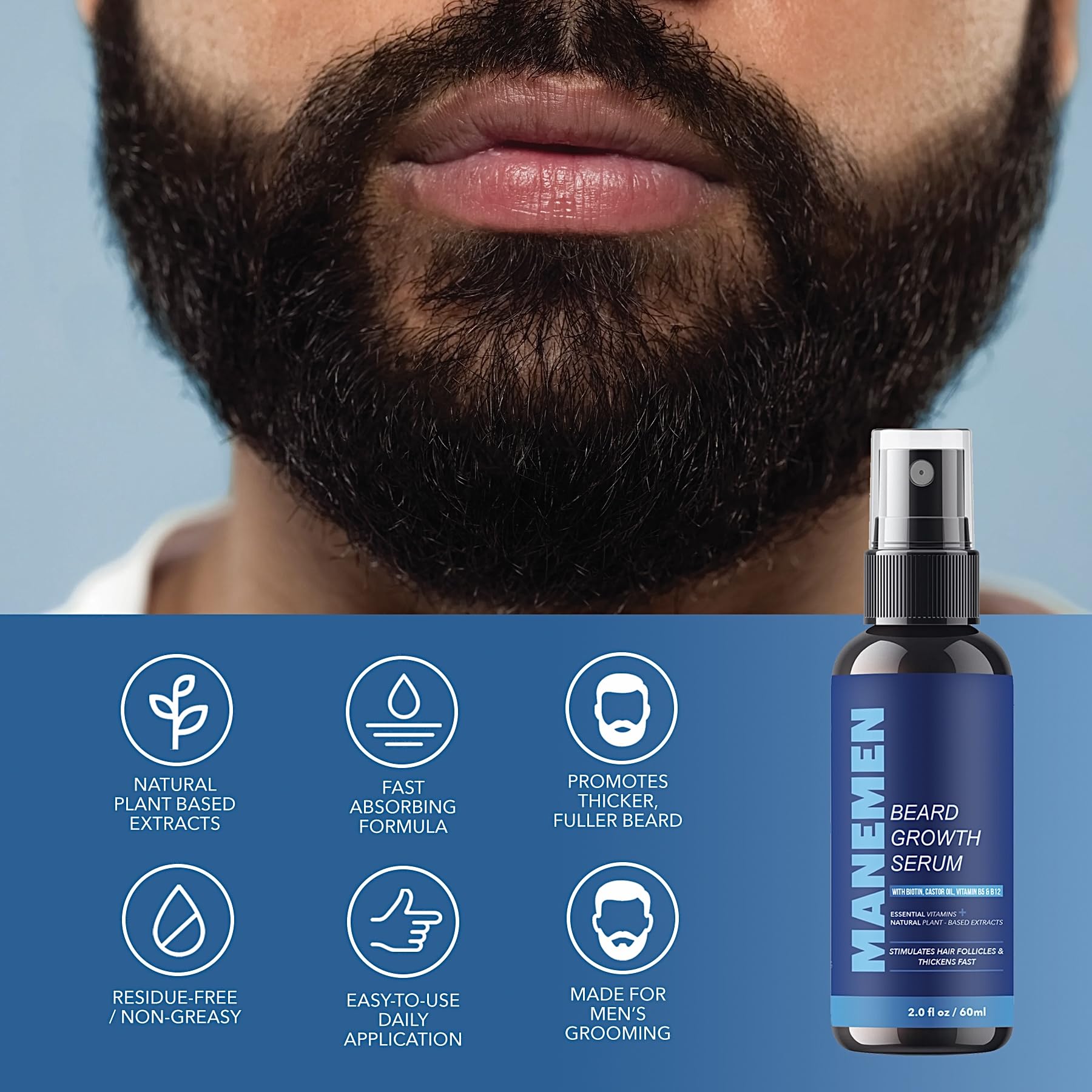 MANEMEN serum label highlights natural ingredients that support healthy beard growth