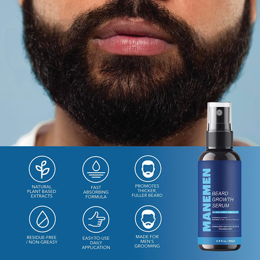 MANEMEN serum label highlights natural ingredients that support healthy beard growth