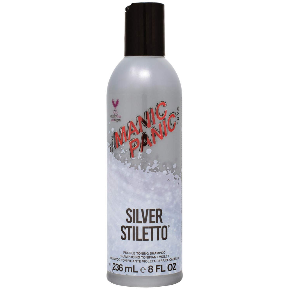 MANIC PANIC Silver Stiletto shampoo bottle front with violet toning for brass reduction.