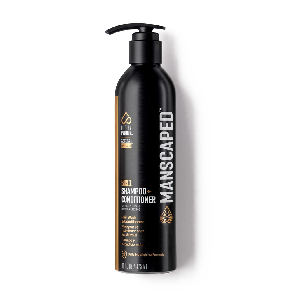 MANSCAPED 2-in-1 shampoo bottle on premium aluminum packaging for durable daily use.