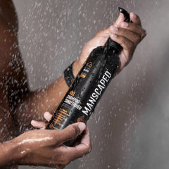 MANSCAPED aluminum bottle packaging shown as eco-friendly choice.