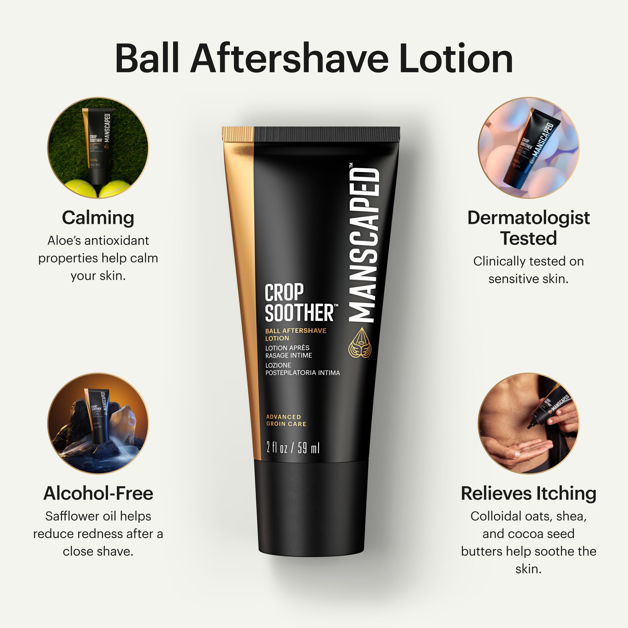 MANSCAPED Crop Soother ingredients close-up highlighting soothing aloe and oats