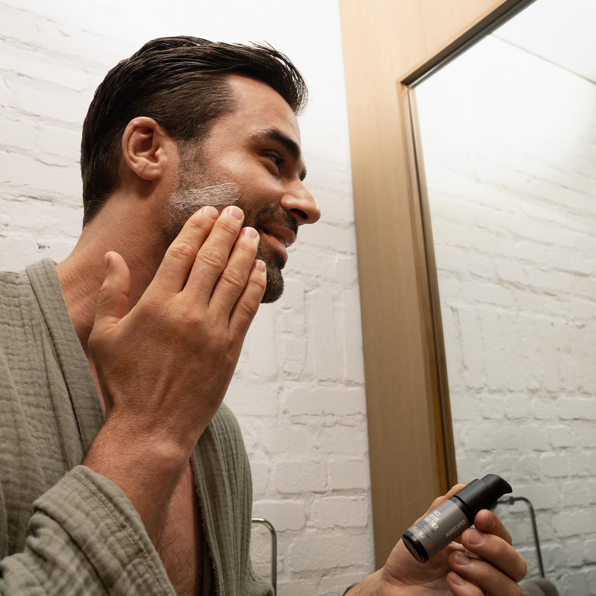 Dime-sized application demonstrated with MANSCAPED Face Shave Soother.
