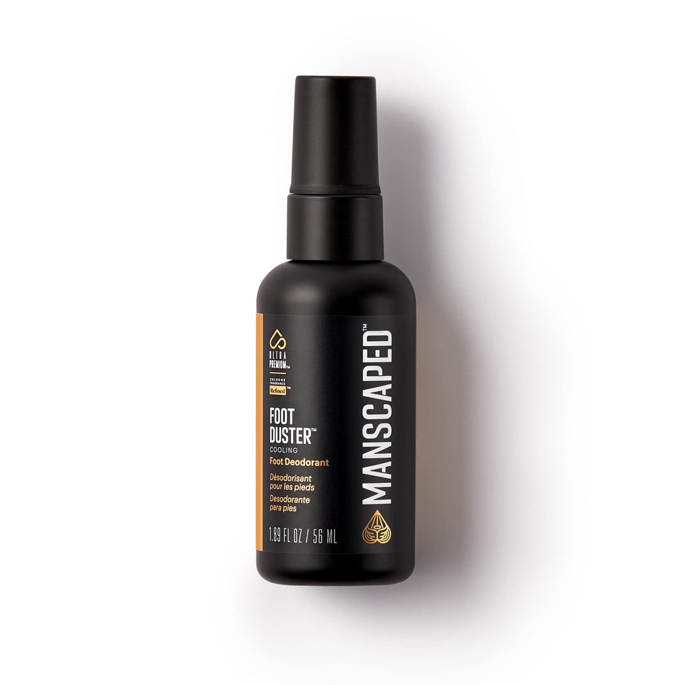 MANSCAPED Foot Duster bottle close-up highlighting cooling tea tree formula.