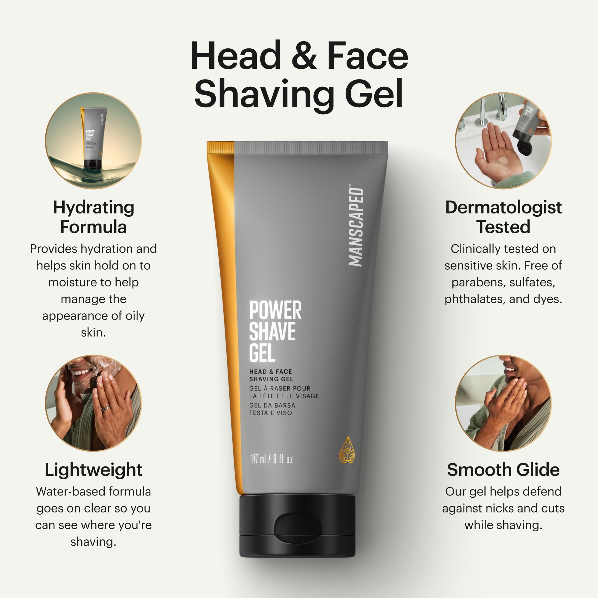 MANSCAPED Power Shave Gel dispenser close-up showing glide-enhancing design.