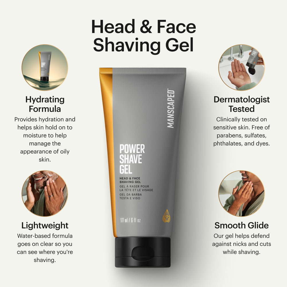 MANSCAPED Power Shave Gel dispenser close-up showing glide-enhancing design.