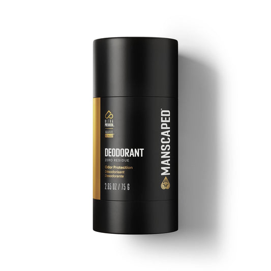 MANSCAPED UltraPremium Deodorant packaging highlights aluminum-free clear formula for mark-free wear