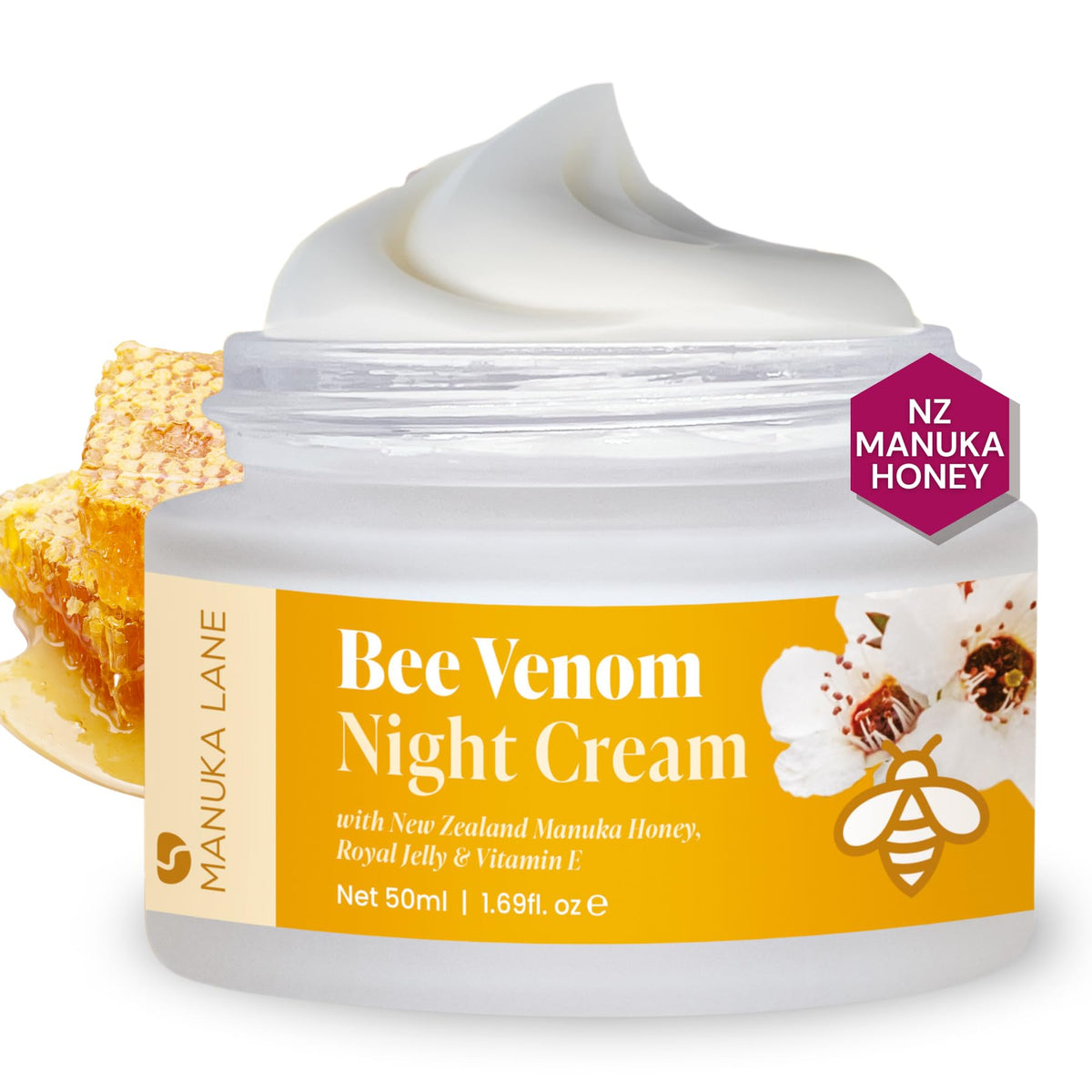 Manuka Lane Bee Venom Night Cream jar for overnight hydration.